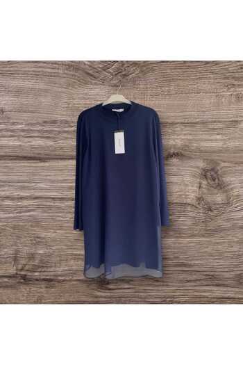 Puane Women's Crew Neck Long Sleeve Chiffon Front Detail Dark Blue Colored Tunic/ Underwear 10269