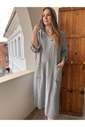 AGORATEKSTİL Women's Hooded Studded 2 Pockets Linen Long Dress