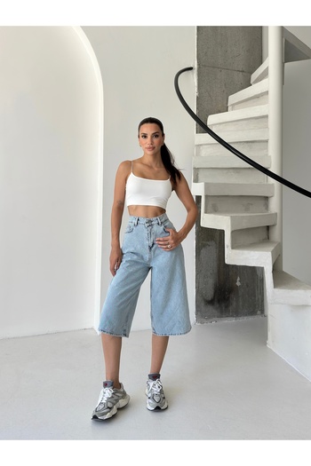 ÇEÇİM Women's Light Blue High Waist Wide Leg Denim Bermuda Shorts Zyn-58799