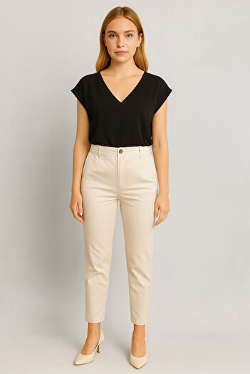 VENA Norah Elastic Waist Gabardine Trousers - Stone