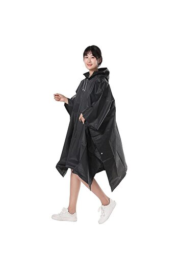 Flippy Rain Poncho, Flippy, for Adults, EVA, Waterproof, Windproof, Side Buttons, 160g, Black