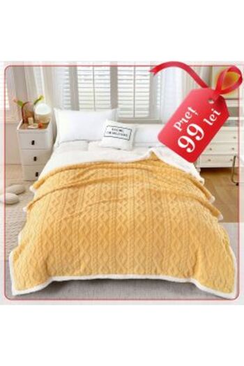 Ralex Blanket with fleece, knitted pattern, double bed 200 x 230 cm, Yellow