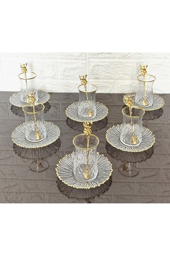 atabey home 18 Piece Tea Set - 6 Cup 6 Plate 6 Japanese Rose Spoon & Odin Tea Cup & Gold Detail