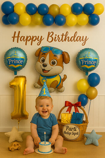 parti hediye sepeti Prince Dog Themed 1 Year Old Birthday Set |   Navy Blue Yellow Balloon