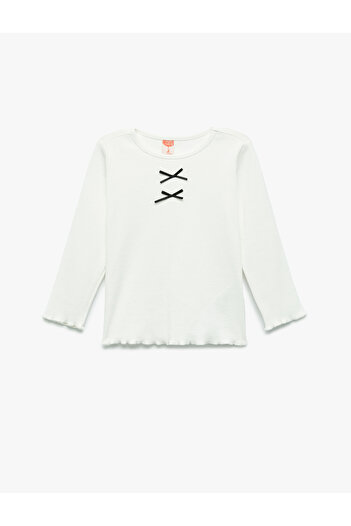 Koton Long Sleeve Crew Neck Ribbon Detailed Cotton T-Shirt