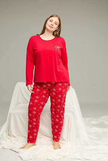 Siyah İnci Red Pattern Curve Large Size Battal Size Cotton Pajamas Suit25240845