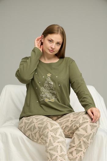 Siyah İnci Green Pattern Curve Large Size Battal Size Cotton Pajamas Suit25240778
