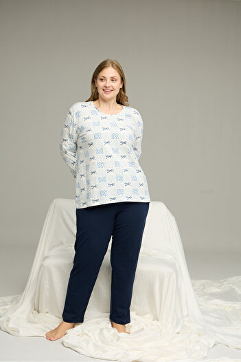Siyah İnci White Pattern Curve Large Size Battal Size Cotton Pajamas Suit25240793