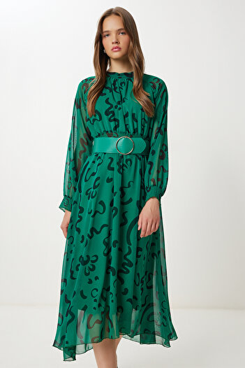 Lovelyİstanbul Rochie din șifon cu volan cu model de centură LFG0075 VERDE ÎNCHIS