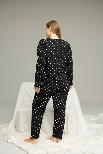 Siyah İnci siyah desenli Curve Büyük Beden Battal Boy Pamuklu Pijama Takım25240837