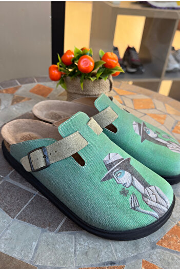 Lemoors Justine Natural Cork Sole Inner Genuine Leather Green Color Printed over Canvas Sabo Slippers