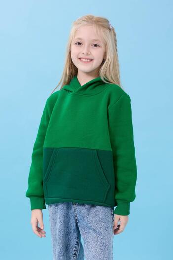 Perendi Unisex Hooded Kangaroo Pocket Color Block Hooded Winter Sweatshirt - Green/Grassgreen