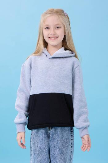 Perendi Unisex Hooded Kangaroo Pocket Color Block Hooded Winter Sweatshirt - Grey/Black