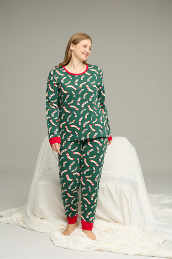 Siyah İnci Green Pattern Curve Large Size Battal Size Cotton Pajamas Suit25240764