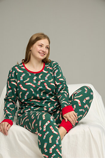 Siyah İnci Green Pattern Curve Large Size Battal Size Cotton Pajamas Suit25240764