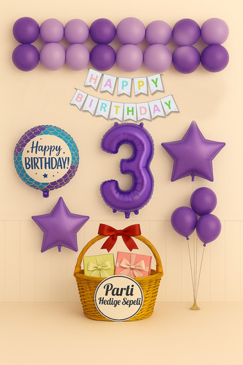 parti hediye sepeti Lilac 1 Year Birthday Set |   Purple Star Happy Birthday Balloon Decoration
