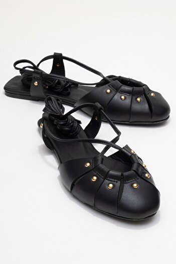 LuviShoes Daria Black Genuine Leather Trock Ankle Lace-Up Women's Sandals