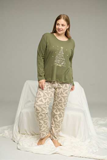 Siyah İnci Green Pattern Curve Large Size Battal Size Cotton Pajamas Suit25240778