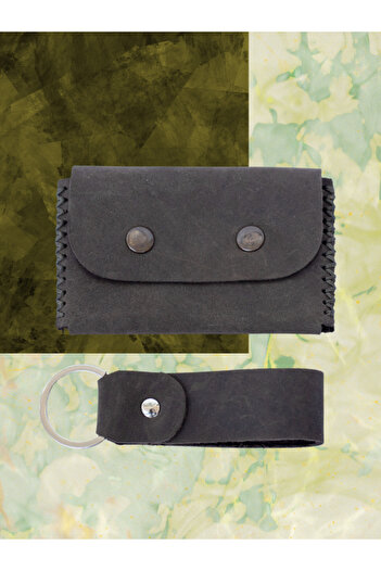OLDSO Genuine Leather Snap Fastener Minimal Card Holder Wallet (Single Eye Keychain Gift)