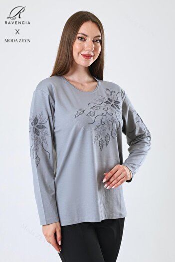 Ravencia Women's Middle Age and Above Viscose Flower Pattern Stone Embroidered Lycra Gray Mother Combed Cotton Blouse