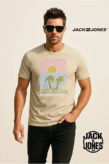 Jack & Jones J&J Jjdown Men's Logo Printed T-Shirt Ecru Beige A3333