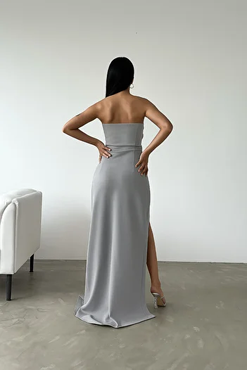 Deafox Gray Heart Neckline Deep Slit Detailed Scuba Fabric Dress