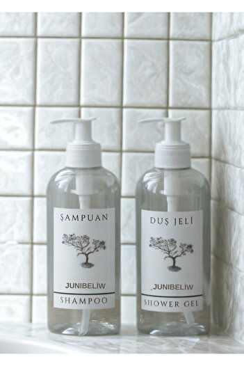 junibeliw Set of 2 Transparent Plastic Bottles Empty Mica Shower Gel Shampoo Bottle 2X400Ml Long Model
