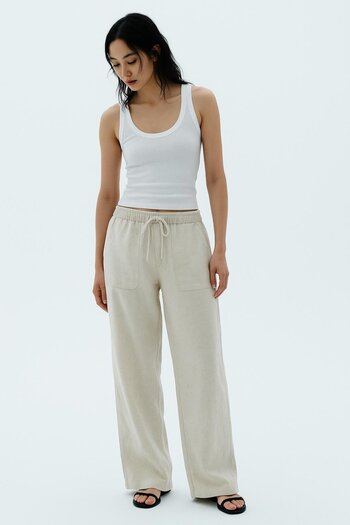 HAKKE Wide Leg Linen Pants with Patch Pockets
