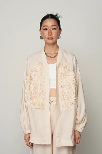 Orfeo Negro Women's Rose Embroidered Front Solid Color Kimono