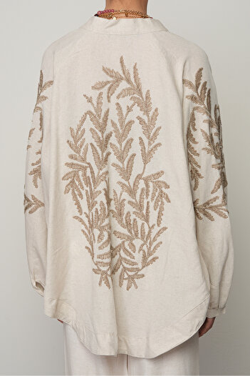 Orfeo Negro Women's Natur Kimono with Brown Embroidery on the Back