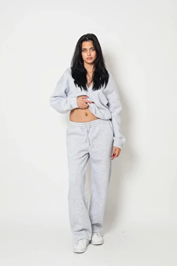 Bak Moda Σετ φόρμας με λαιμόκοψη V με λεπτομέρεια Oversize Unisex Basic Premium γκρι