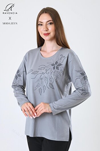 Ravencia Women's Middle Age and Above Viscose Flower Pattern Stone Embroidered Lycra Gray Mother Combed Cotton Blouse