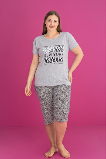 Farya Home Plus Size Cotton Patterned Short Sleeve Bermuda Capri Suit