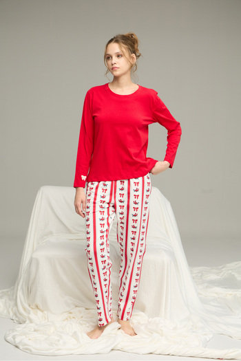 Siyah İnci Red Ribbon Pattern Knitted Cotton Pajamas Suit25240225