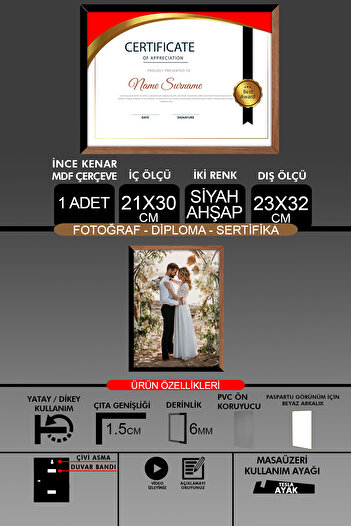 Bytwo 1 Piece 21X30 Frame - Fine Slatted A4 Frame - 2 Colors Wood Black - Photo Certificate Frame