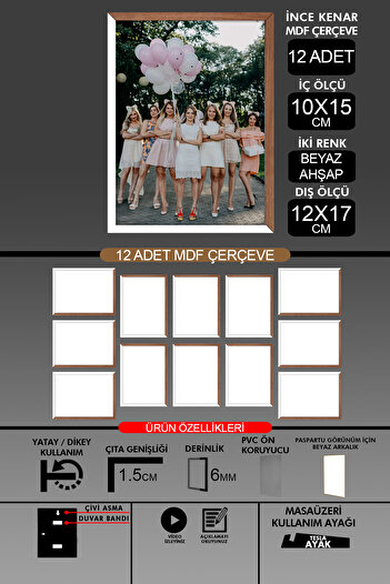 bymat 12 Pieces 10X15 Frame - Thin Slatted Frame - 2 Colors White Wood - 6mm Frame Photo Frame