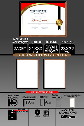 bymat 2 Pieces 21X30 Frame - Thin Slatted A4 Frame - 2 Colors Wood Black - Photo Certificate Frame