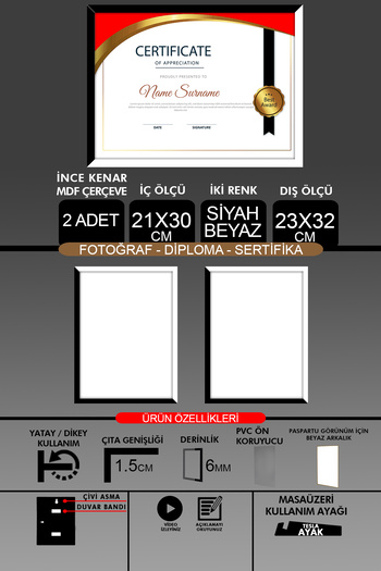 bymat 2 Pieces 21X30 Frame - Thin Slatted A4 Frame - 2 Colors Black and White - Photo Certificate Frame