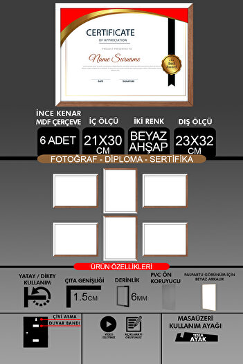 bymat 6 Pieces 21X30 Frame - Fine Slatted A4 Frame - 2 Colors White Wood - Photo Certificate Frame