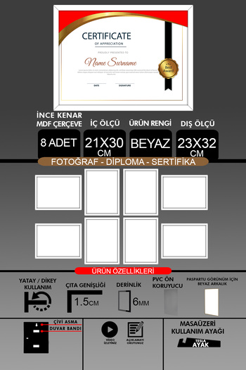 Bytwo 8 Pieces 21X30 Frame - A4 Frame with Thin Slats - White Frame - Photo Certificate Frame