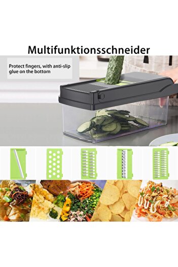 OEM Manual vegetable chopper 17in1, 7 different cuts, stainless steel blades, storage container, Green