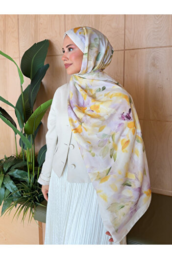 Mira İpek Retro Pattern Cotton Soft Shawl Women Yellow Lilac Ps29
