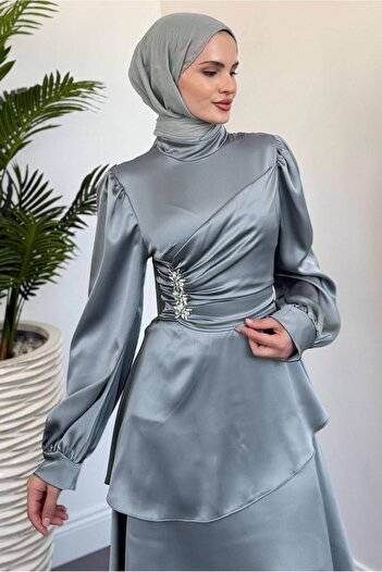TRENDTESETTÜR Women's Gray Satin Evening Dress t 2730