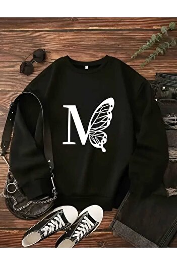 caddekombin Kelebek Yarı M Harfi Baskılı Bisiklet Yaka Sweatshirt