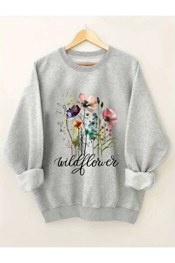 caddekombin Γκρι φούτερ με λαιμόκοψη με στάμπα Wildflower