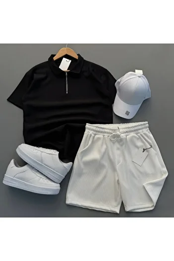NewCabin Ribbed Ottoman Premium Fabric Half Zipper Unisex T-Shirt and Shorts Set of 2
