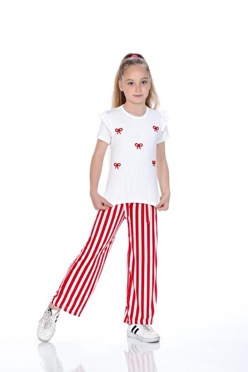 Kamex Girls' Suit with Bow Embroidered T-Shirt and Striped Milan Fabric Pants