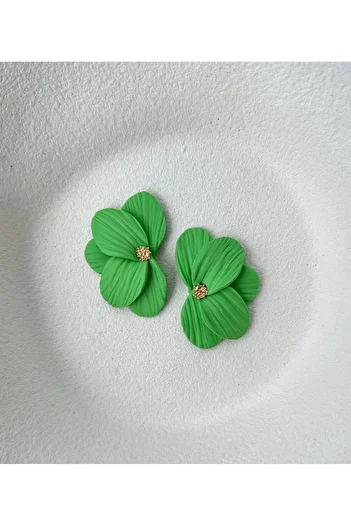 ACCESSORY Light Green Gold Detail Design Flower Earrings Polymer Clay Long Big Earrings