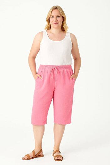 enmodaiçgiyim Pink Color Plus Size 100% Cotton Muslin Fabric Knee Length Capri Women's Shorts