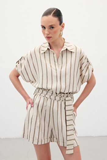 Sateen Short Sleeve Linen Blend Shirt - Camel